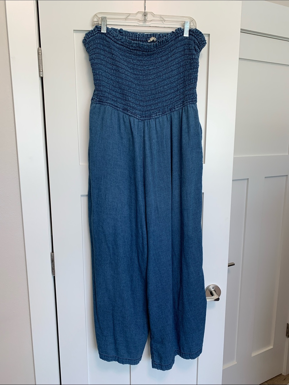 Pilcro Denim-Blue Smocked Strapless Wide-Leg Jumpsuit